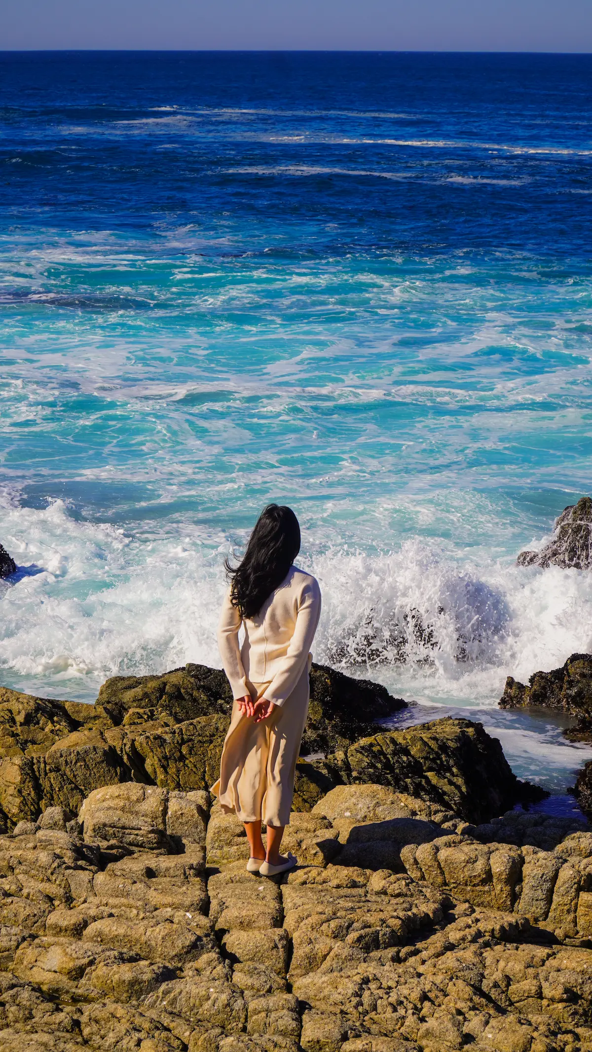 Woman in dress standing on rocky coastline with ocean waves crashing California California Coast